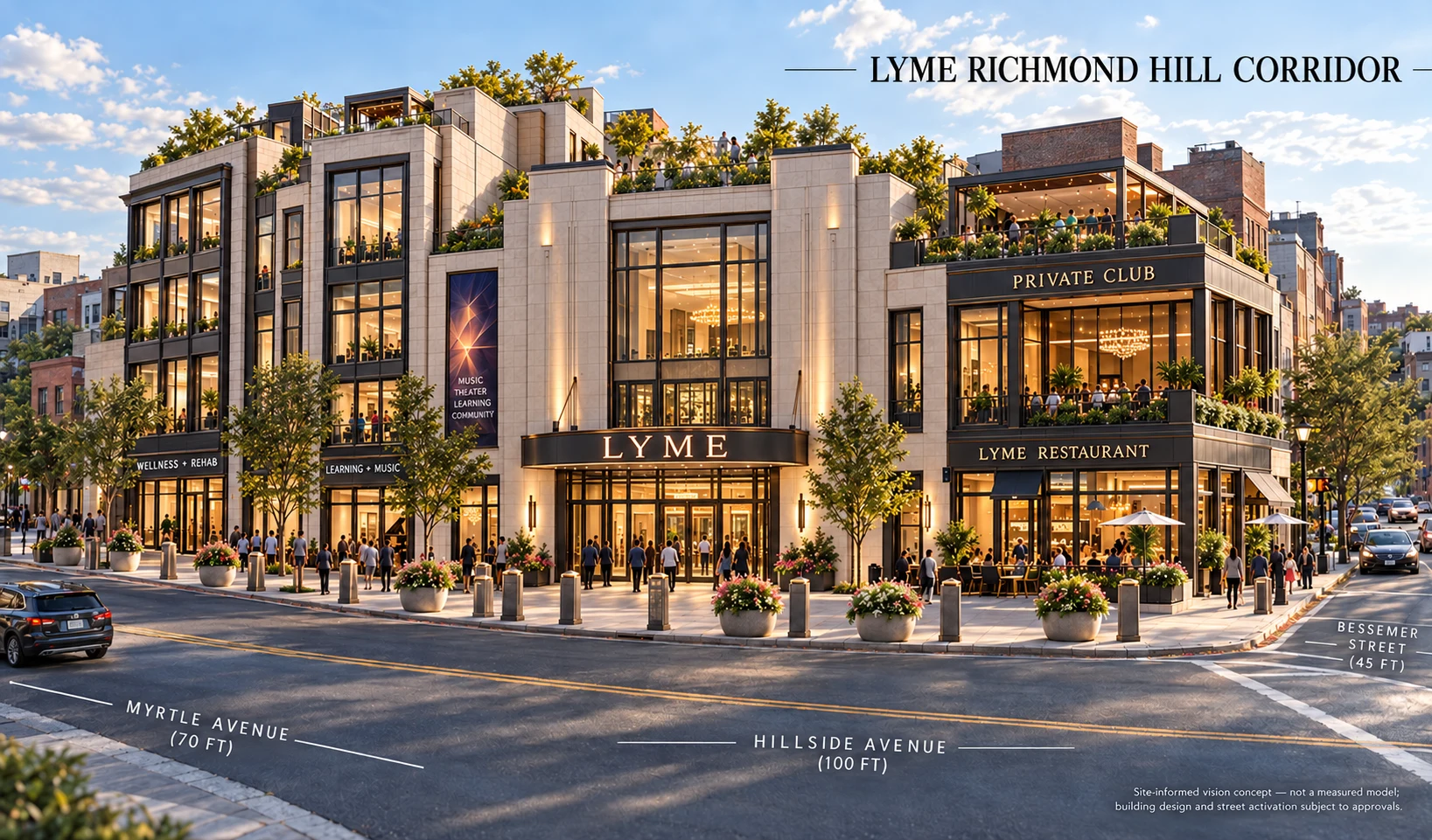 Architectural concept for LYME Richmond Hill, showing a welcoming destination with restaurant, private club and community spaces