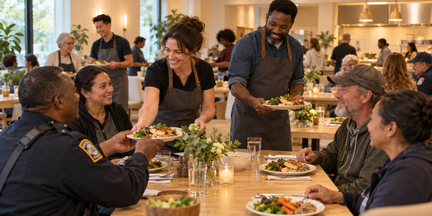 Illustrative community meal with volunteers and public-service workers