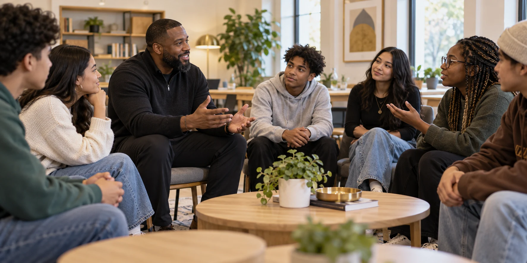 Illustrative scene of a Black mentor and engaged young people in a welcoming learning environment